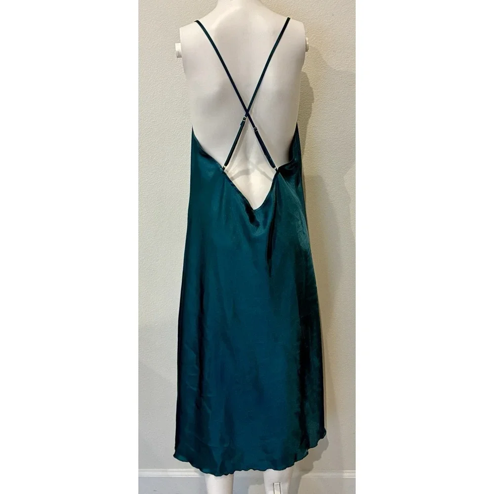 Teal Satin Midi Slip Dress Size XL Cowl Neck Side Slit Soft Glam 90s Style Fairy - Picture 3 of 14